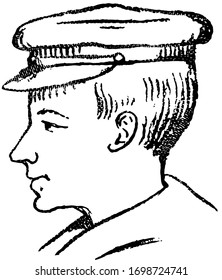 A Boy wearing in a costume hat in this picture, vintage line drawing or engraving illustration.