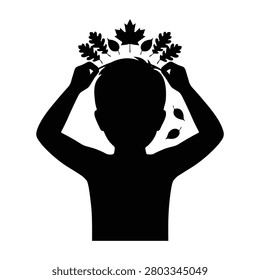 Boy wearing crown made of autumn leaves silhouette isolated illustration