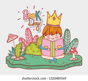 boy wearing crown read book with plants