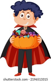 A boy wearing dracula costume for halloween trick or treat illustration