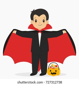 a boy wearing dracula costume for Halloween party and pumpkin bucket full of candies. Halloween cartoon vector