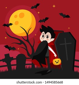 A boy wearing dracula costume on halloween night