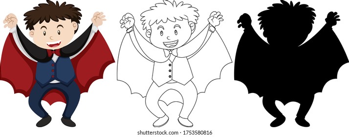 Boy wearing dracular costume with its outline and silhouette illustration