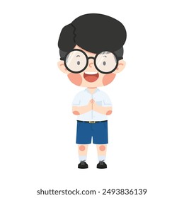 Boy wearing eyeglasses greeting sawasdee cartoon