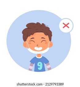 Boy Wearing Face Mask With Mistake, Infographic Vector Illustration. Incorrect Way To Wear And Use Surgical Facemask, Equipment For Protection From Coronavirus, Flu Influenza Or Allergy On Dust