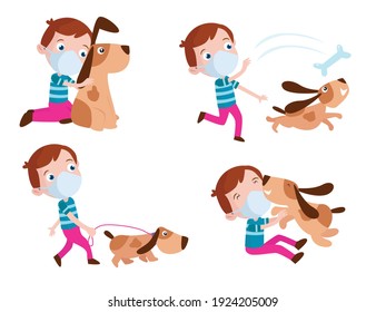 Boy wearing face mask plays with dog cartoon vector concept for banner, website, illustration, landing page, flyer, etc.