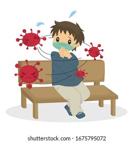 un niño con mascarilla sentado en un banco rodeado de peligrosos virus rojos. Ilustración vectorial de virus.