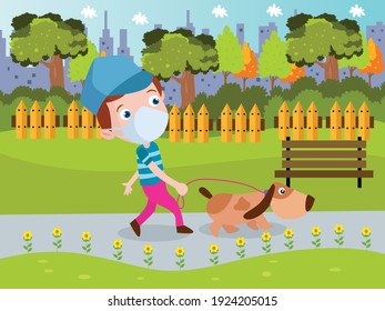 Boy wearing face mask walks the dog cartoon vector concept for banner, website, illustration, landing page, flyer, etc.