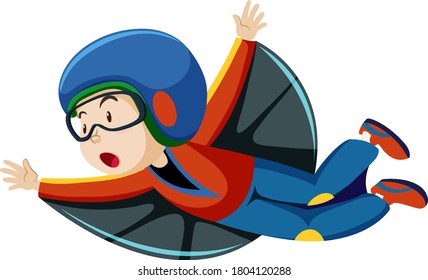 Boy wearing flying costume with flying position cartoon character isolated on white background illustration