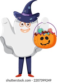 A boy wearing ghost costume halloween trick or treat illustration