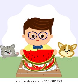 A boy wearing glasses and a bow tie is sitting at a table and eating a watermelon. On a plate of watermelon peel, a cat and a dog next. Cartoon style, flat, vector.