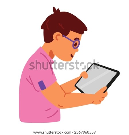 Boy wearing glasses playing with tablet flat vector illustration isolated on white. Gadget addiction.