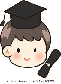 A boy wearing a graduation gown and cap, with a diploma.