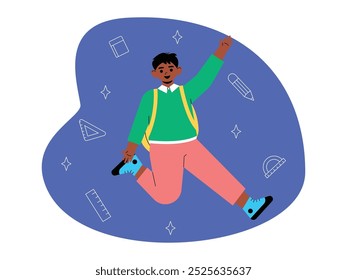 Boy wearing green shirt, pink pants, wearing yellow backpack and blue shoes getting ready to go back to school, vector illustration.