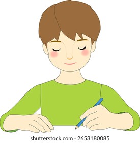 A boy wearing a green shirt and writing something with a pencil
