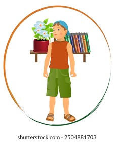 Boy wearing green short pants and red tank top standing near a bookshelf. Vector illustration for logo and icon design elements.