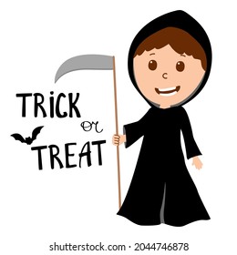boy wearing grim reaper costume with scythe. Halloween costume. With sign trick or treat. Vector.