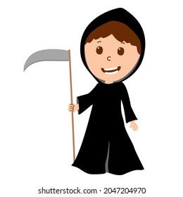 boy wearing grim reaper costume with scythe. Halloween costume. Vector.