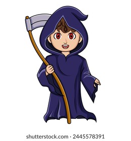 Boy wearing grim reaper costume with scythe