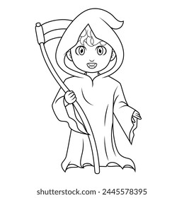 Boy wearing grim reaper costume with scythe line art