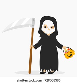 a boy wearing grim reaper costume and skeleton mask for Halloween party, carrying a scythe and pumpkin bucket full of candies. Halloween cartoon vector