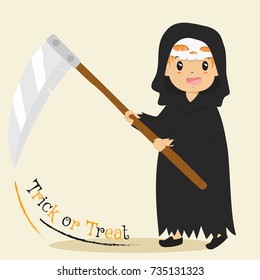 a boy wearing grim reaper costume and mask, and holding a big scythe with both hands. Halloween cartoon vector 