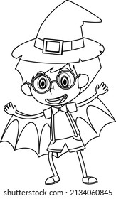 A boy wearing halloween costume black and white doodle character illustration