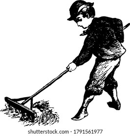 A boy wearing hat Holding rake in his hand and doing farming vintage line drawing or engraving illustration.