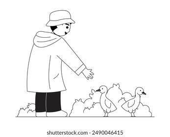 Boy wearing hat playing with little duck near bushes, kid and pet vector illustration.