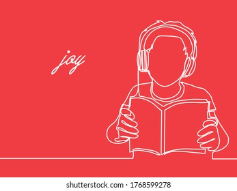 Junge mit Kopfhörer beim Lesen eines Buches in einer Vektorgrafik
