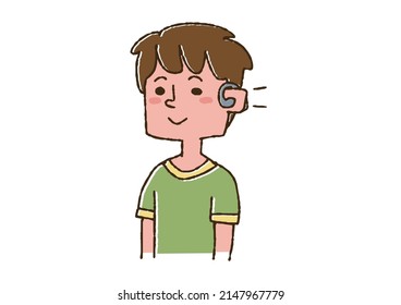 Boy wearing a hearing aid Comical handwritten person Vector, line drawing in color
