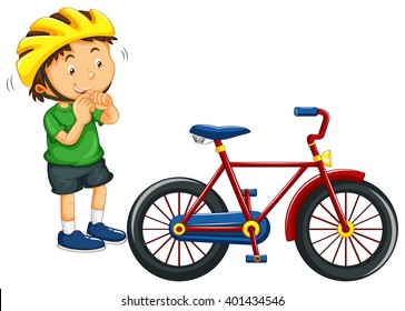 Boy wearing helmet before riding bike illustration