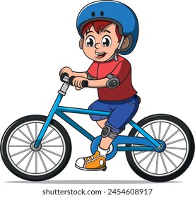 Boy wearing helmet, elbow and knee pads, riding bicycle, vector illustration.