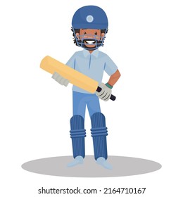 Boy Wearing A Helmet And Holding A Cricket Bat In Hand. Vector Graphic Illustration. Individually On White Background.