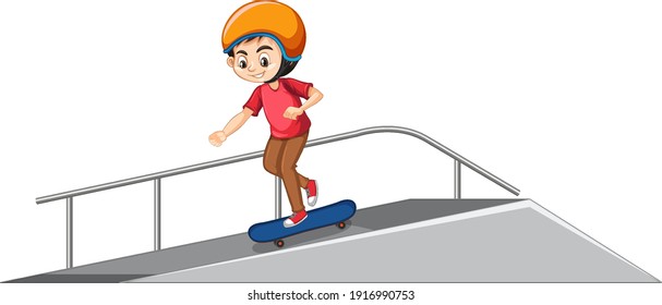 Boy wearing helmet playing skatboard on the ramp on white background illustration