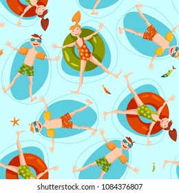 Boy wearing inflatable armbands and girl with a float rubber safety ring swimming in the sea. Summer. Seamless background pattern. Vector illustration