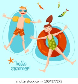 Boy wearing inflatable armbands and girl with a float rubber safety ring swimming in the sea. Hello summer! Vector illustration.