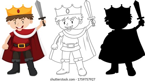 Boy wearing knight costume with its outline and silhouette illustration