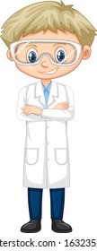 Boy wearing lab gown on white background illustration
