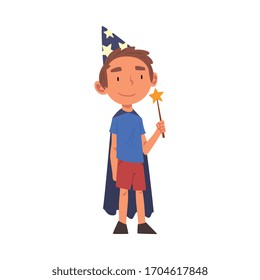 Boy Wearing Magician Costume Standing with Magic Wand, Cute Kid Playing Dress Up Game Cartoon Vector Illustration