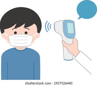 The boy wearing a mask is checked his temperature using an infrared forehead thermometer gun for coronavirus. Vector illustration isolated on white background.