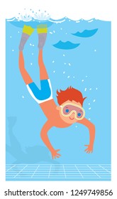 a boy wearing mask and flippers diving under the water. vector