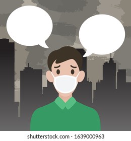 Boy wearing a mask to protect PM2.5 dust. Vector illustration.