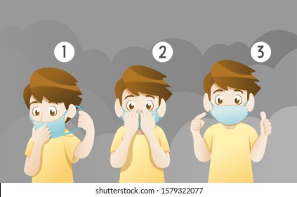 Boy wearing mask for protect pollution. Protection mask instructions for protect dust. Wearing mask for protect dust PM2.5, PM10, smoke, smog, respiratory