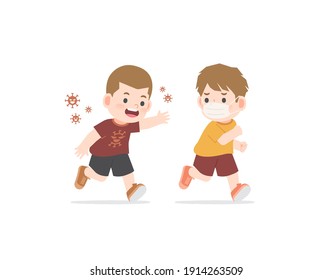 A boy wearing a mask is running away Boy who does not wear a mask, suspected to be infected. illustration cartoon character vector design on white background. Health care concept.