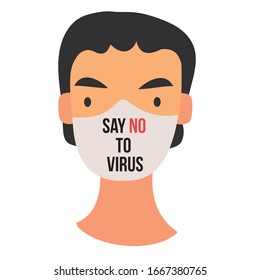 Boy wearing a medical mask. Flat style illustration. Isolated on white cartoon people. coronavirus. Inscription "Say no to virus".