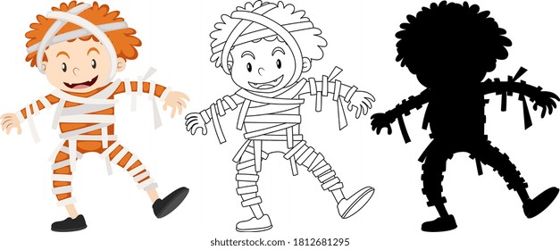 Boy wearing mummy costume in colour and outline and silhouette illustration