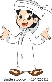 A boy wearing old traditional Middle Eastern clothing, Ramadan clothes, a boy wearing traditional Arab clothes, Eid clothes - vector