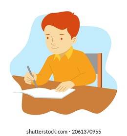 a boy wearing orange clothes is studying at home. vector image