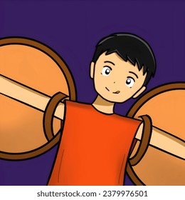 A boy wearing an orange-shaded costume for a Halloween festival with a purple background.